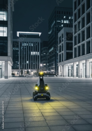Security robot patrolling on a  corporate plaza  with light traffic and people