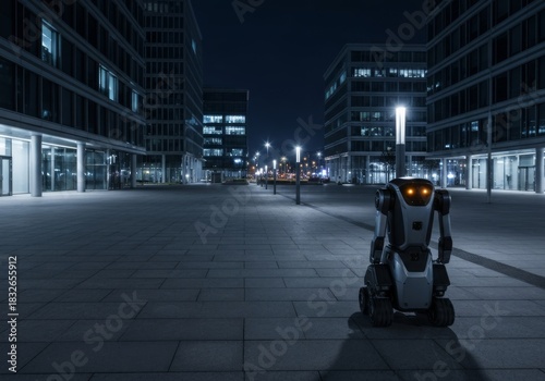 Security robot patrolling corporate plaza at night