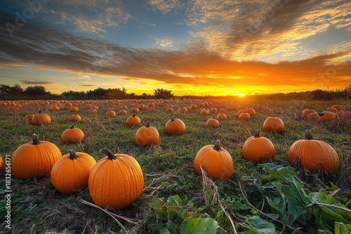A vibrant field of orange pumpkins dotting the landscape under a breathtaking sunset, with the warm hues of the sky painting a picture of a perfect autumn day.