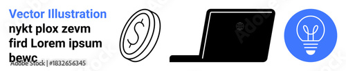 Technology, finance, creativity, innovation, business, learning. Coin symbol, laptop light bulb. Technology and finance with business and creativity elements