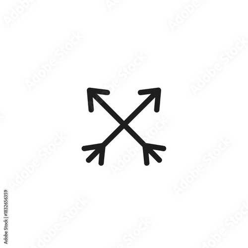 Hand-drawn crossed arrows icon pointing outwards in a minimalist sketch style. Simple line art symbol representing expansion, direction, and full-screen mode