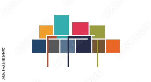 abstract geometric shapes interconnected with vibrant rectangular blocks with varied colors and