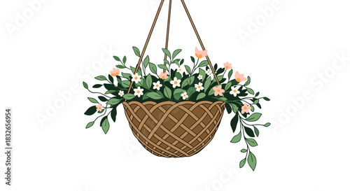 Beautiful hanging basket woven from natural wicker and filled with lush green foliage and delicate pink and white flowers on a white background.