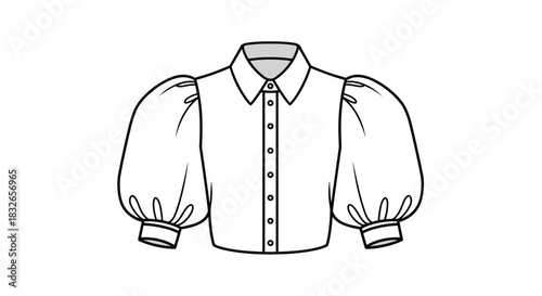 Classic button-up shirt with trendy puff sleeves and a collar, shown in a clean black and white technical flat sketch illustration for fashion design.