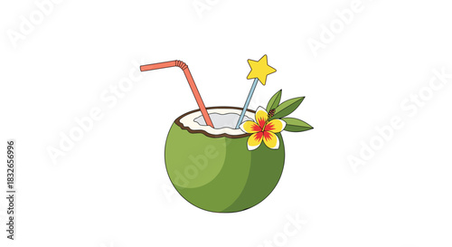 Tropical coconut cocktail served in a fresh green coconut and garnished with a flower, straws, and a star stick on a white background.