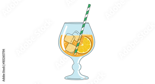 Chilled Aperol spritz cocktail in a large wine glass with ice, an orange slice, and a striped straw, in a simple line art style.
