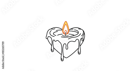 Melting heart-shaped candle with a flickering flame, drawn in a simple black and white line art style with a touch of color on the flame.