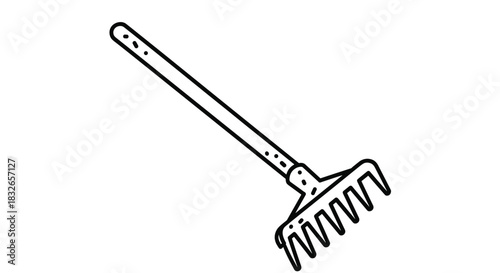 Simple line art illustration of a garden rake, a common tool for yard work and farming, drawn in a clean black and white outline style.