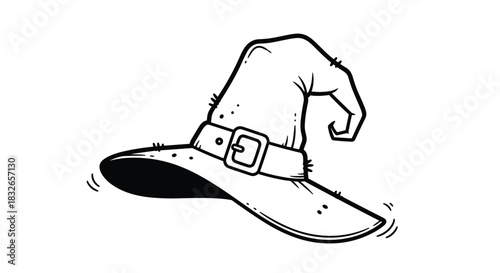 Classic pointed witch hat with a wide brim and a buckle on the band, hand-drawn in a spooky, sketchy black and white doodle style.