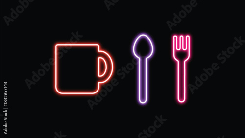 Neon Coffee Cup Spoon and Fork Icon Set on Dark Background
