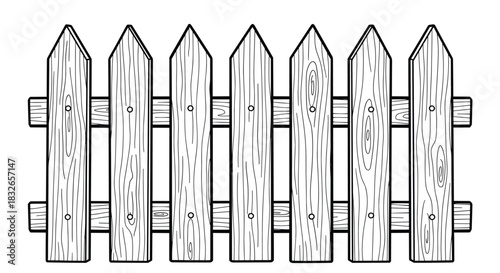 Classic wooden picket fence with visible wood grain texture, presented in a clean black and white line art illustration style for design projects.
