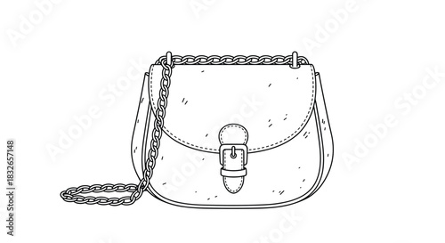 Fashionable women's saddle bag with a buckle closure and a long chain strap, shown in a detailed black and white hand-drawn sketch style.