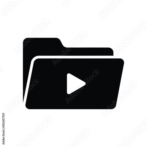 Simple glyph icon of a folder containing a play button, symbolizing video files and a digital multimedia library