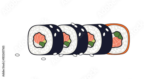 Row of delicious sushi maki rolls with salmon and cucumber, sprinkled with sesame seeds, in a simple and colorful cartoon illustration.