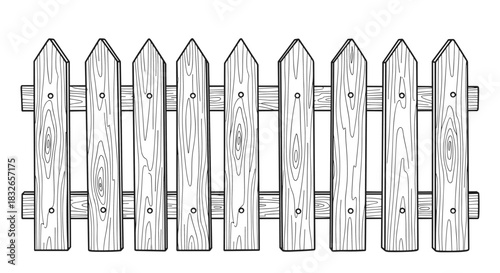 Classic wooden picket fence with detailed wood grain texture, hand-drawn in a black and white line art style for rustic and garden designs.