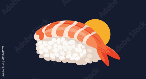 Minimalist vector illustration of a single piece of shrimp ebi nigiri sushi set against a dark background, highlighting its simple beauty.