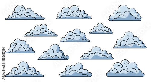 Collection of various cartoon cloud shapes, illustrated in a simple blue and grey style with black outlines, isolated on a white background.