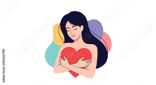 Beautiful illustration of a woman with long dark hair lovingly hugging a large red heart, promoting self-care and acceptance.