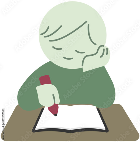 Person Sitting at Desk Writing, Deep in Thought, Creative Writing Illustration, Reflective Mood, Studying or Writing at Home, Contemplative Expression, Intellectual Work Scene