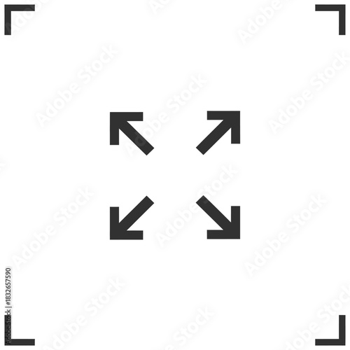 Simple line icon of four diagonal arrows pointing outward, representing the expand or full screen function. Vector symbol for user interface design and web development