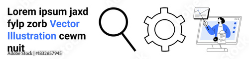 Magnifying glass, gear icon, and person analyzing charts on a monitor. Ideal for data analysis, business solutions, research, development, optimization, presentations simple landing page