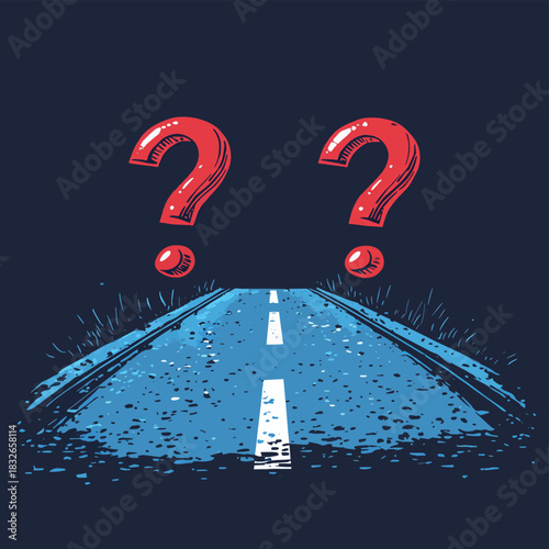 Business decision dilemma concept with question marks and crossroads for career path choice ahead , vector style simple color
