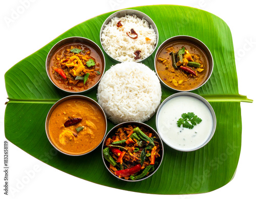 Top View of Traditional South Indian Vegetarian Thali, Banana Leaf Presentation, Isolated on Transparent