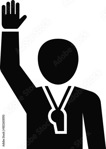Sports referee silhouette with hand raised and whistle around neck vector