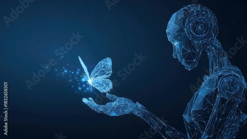 Digital butterfly flies away from hand. Future transform or technology innovation concept. Abstract close-up hand and butterfly in low poly wireframe style. Blue hologram x-ray beautiful insect.