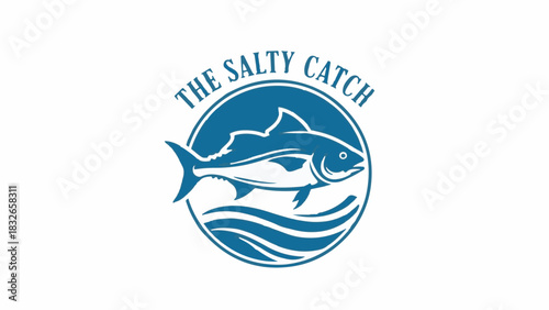 Blue Vintage Nautical Fishing Logo Vector with Fish and Waves and text "THE SALTY CATCH"