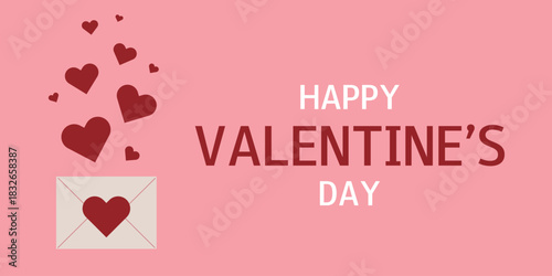 Happy Valentines Day greeting card. Pink background with envelope and hearts. 