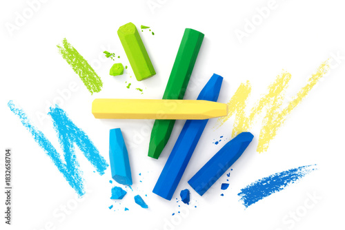 Принти на полотні Colorful chalks with scribbling isolated on white background, Crayon ,Top view