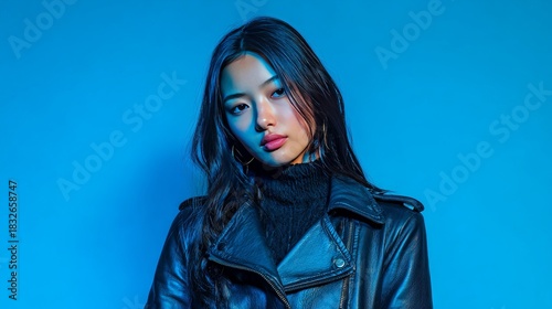 Stylized Portrait of Person in Black Leather Jacket and Turtleneck Against Solid Blue Background