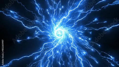 A vertical animation of an abstract blue electric surge. Powerful lightning bolts converge and explode. Futuristic VFX for a technology or sci-fi concept