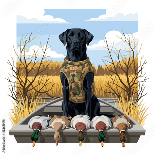 Black Labrador hunting dog in a boat with retrieved mallard ducks wearing a camouflage vest.