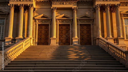 Imposing stone staircase leading to three grand wooden doors of a classical building illuminated by warm golden hour light.
