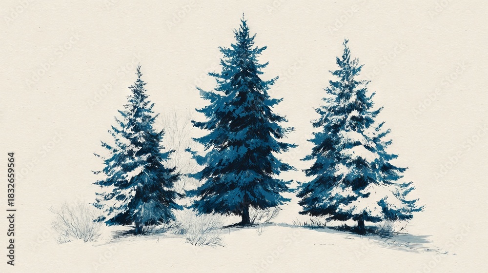 Fototapeta premium Stylized Winter Landscape with Snow-Covered Evergreen Trees in Blue and White Tones on Beige Background for Seasonal and Nature Concepts