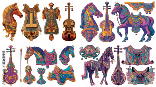 Colorful decorative illustrations of horses and traditional string instruments with ornate cultural motifs, ideal for folk art themes, creative decoration, and festival design.