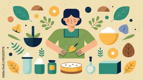 Woman preparing natural skincare products with herbs and organic ingredients in a flat illustration style