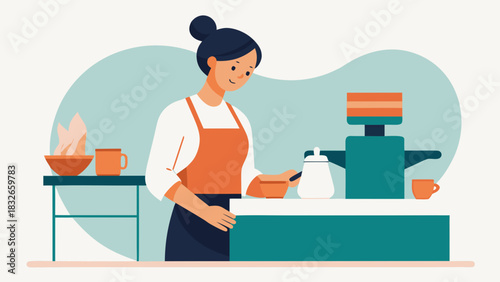 Female barista preparing coffee using a professional machine in a cozy café environment