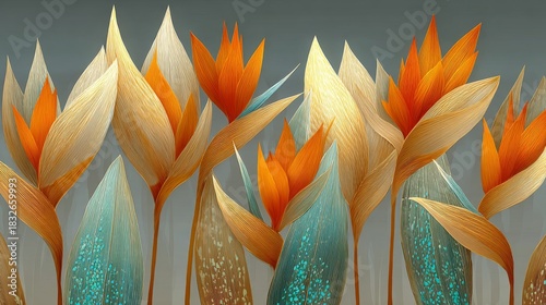 Abstract botanical composition with elongated floral shapes in vibrant orange, teal, and gold tones on a textured gray background
