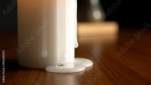 A white candle melts in a close-up view. Hot liquid wax drips slowly down its side onto a wooden table