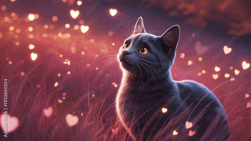Obraz premium Magical dreamy illustration of a cute cat in glowing heart-shaped lights surrounded by soft pink grass in a romantic fantasy atmosphere