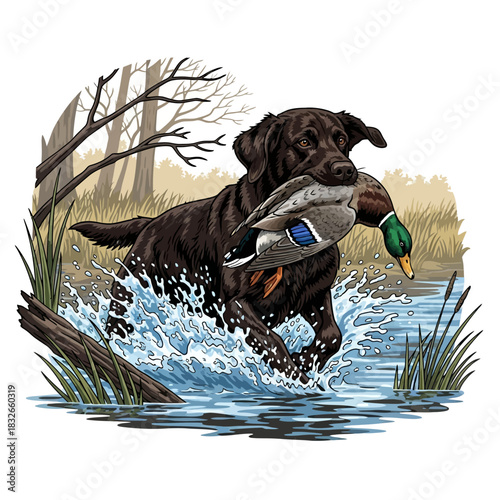 Chocolate labrador retriever retrieving a mallard duck and splashing through the water
