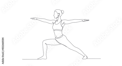 Minimalist Line Drawing of a Woman Practicing Warrior Pose in Yoga Meditation Flow