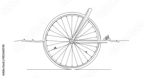 Minimalist Line Art Depiction of a Bicycle Wheel with a Puncture and a Small Toy in a Surreal