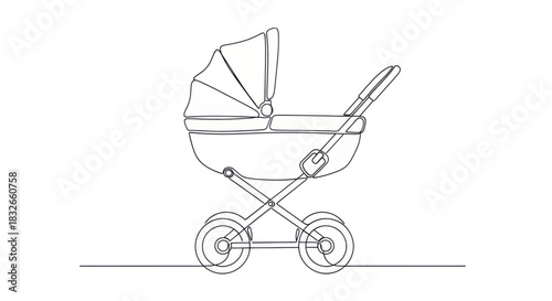 Minimalist Line Drawing of a Classic Baby Stroller with Umbrella and Wheels