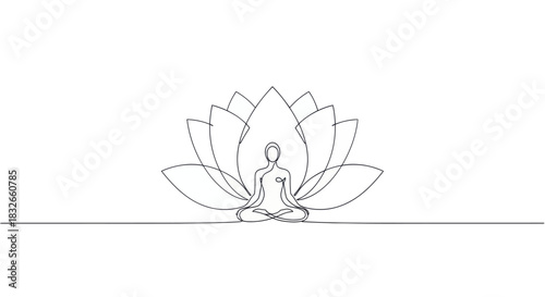 Minimalist Line Art Illustration of a Person Meditation with Lotus Flower Backdrop