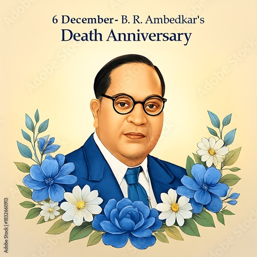 Portrait of b r ambedkar surrounded by flowers on his death anniversary