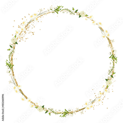 Watercolor flower wreath with gold circle frame.
